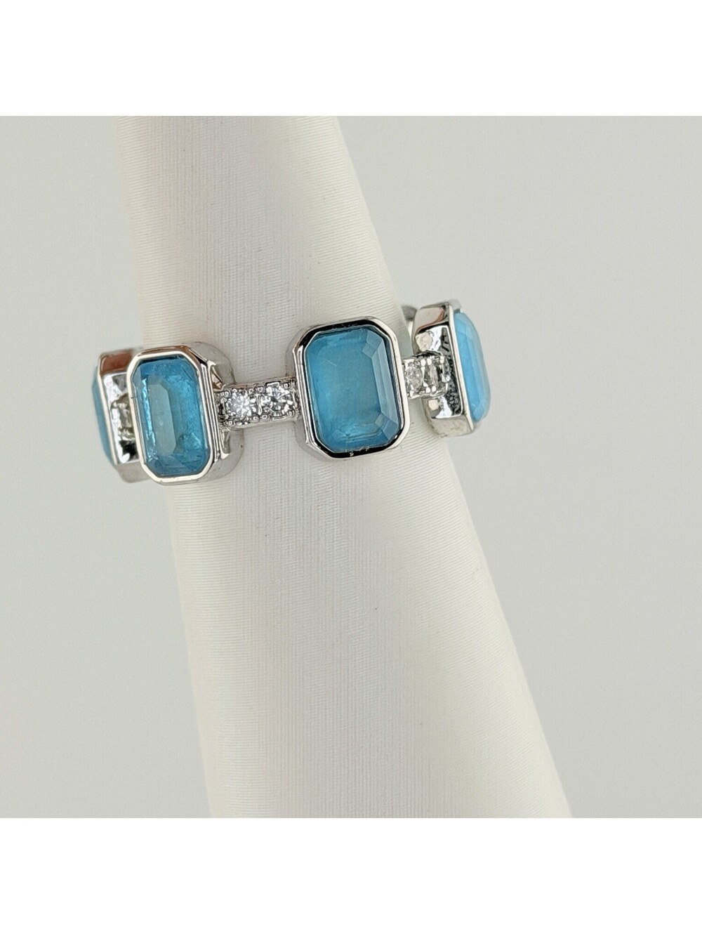 Bomb Party Ring Sz 8 "Night in Brazil" Light Blue Quartz on Rhodium RG12646